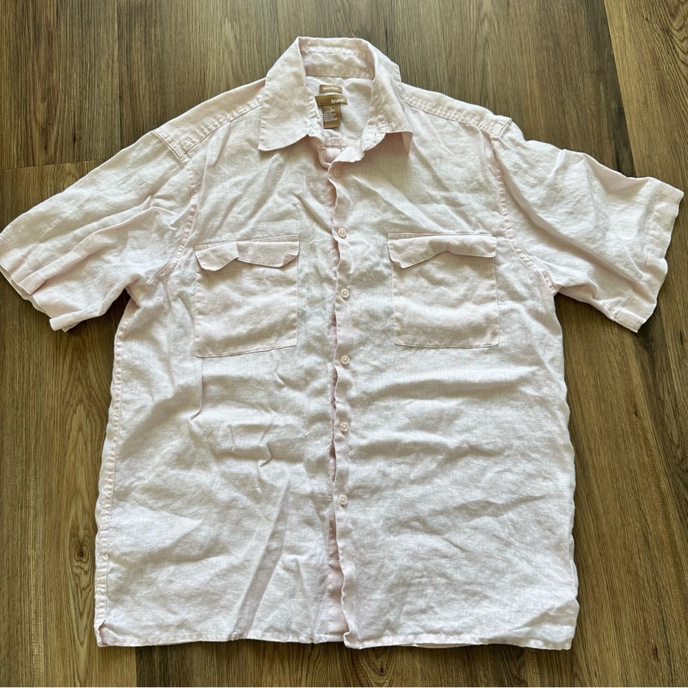 Bruno Pure 100% Linen‎ Button Up Shirt Mens Large Pink Short Sleeve Pocket Beach